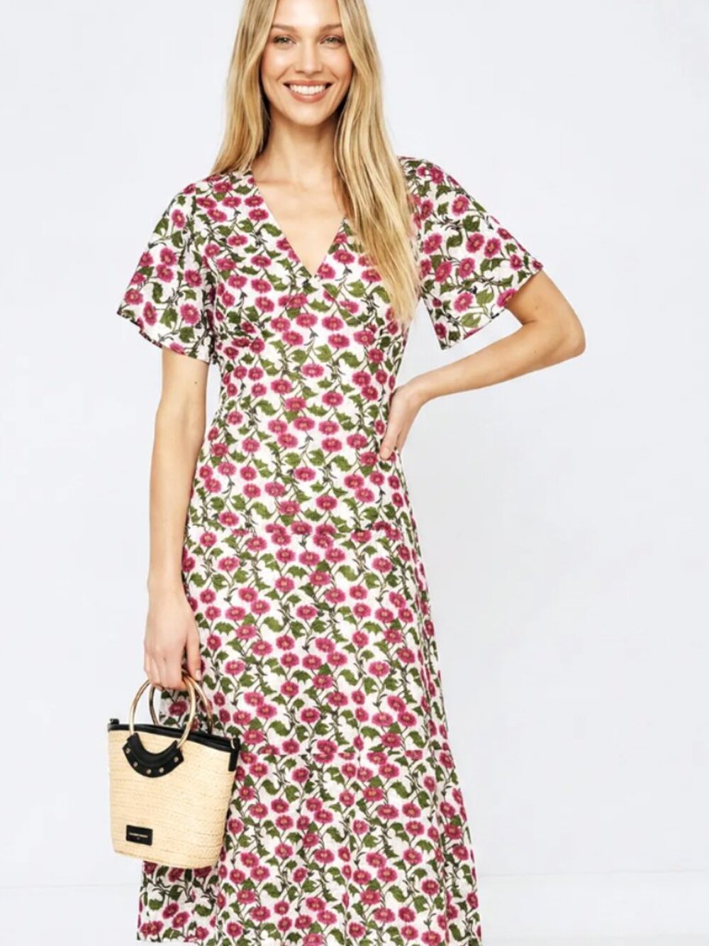 Roller Rabbit Pink and Green Floral Midi Dress
